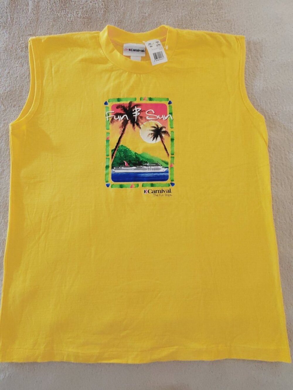 Vtg Carnival Cruise The Fun Ships Sleeveless Top Size L Yellow Fun & Sun Graphic